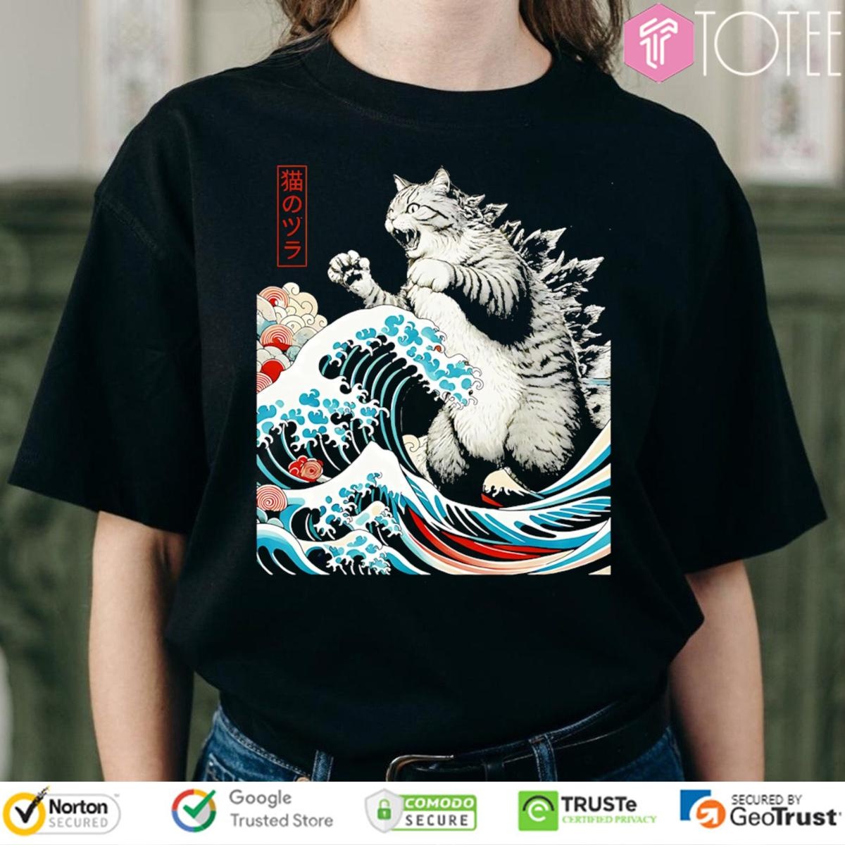 Catzilla Waves Ukiyo-E Parody Godzilla Cat T-shirt